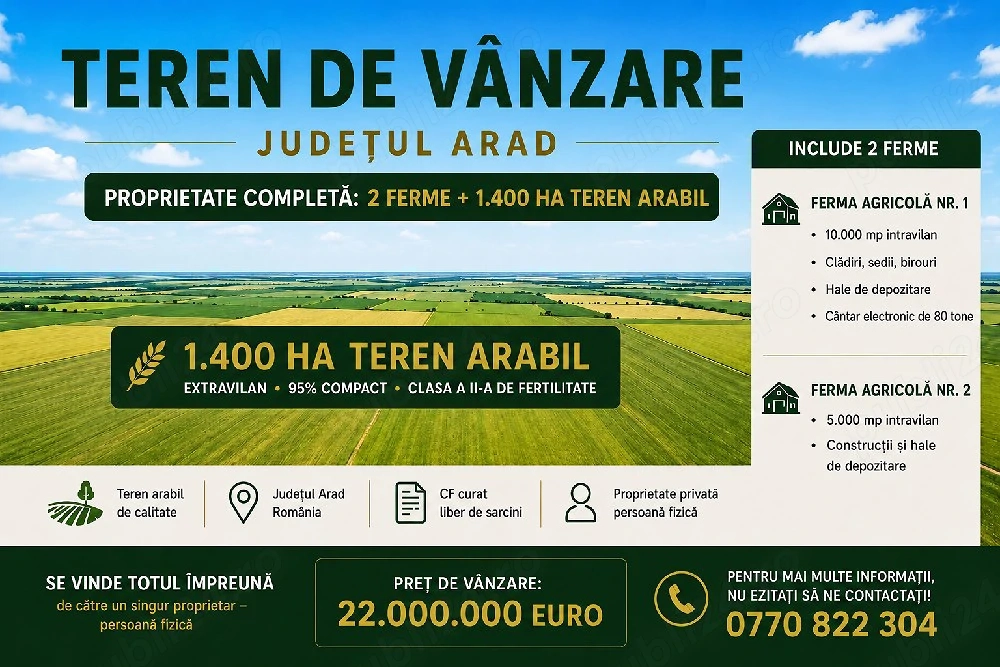 Vand Teren Agricol 1400 hectare cu 2 Ferme Incluse!