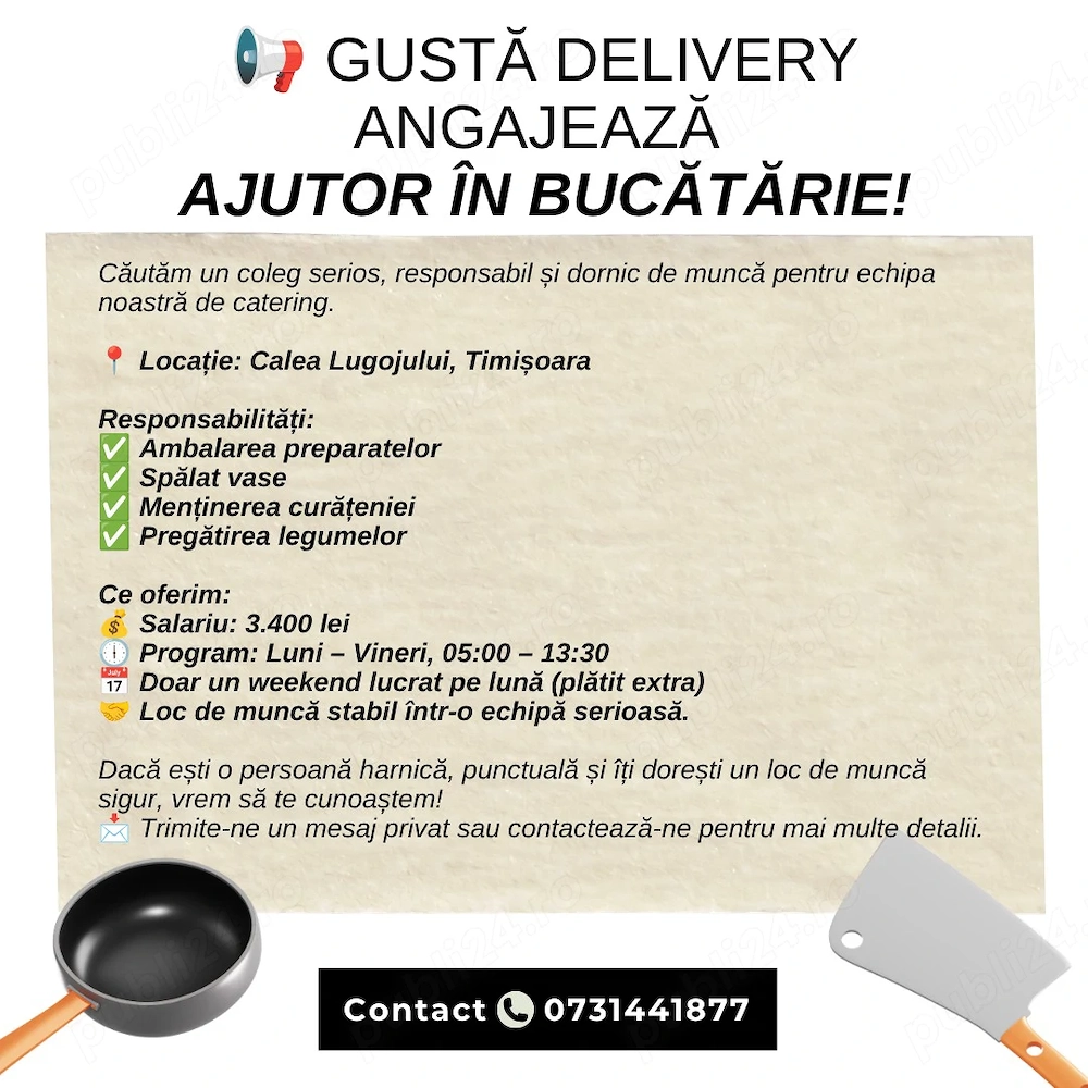 Gusta delivery angajeaza ajutor in bucatarie