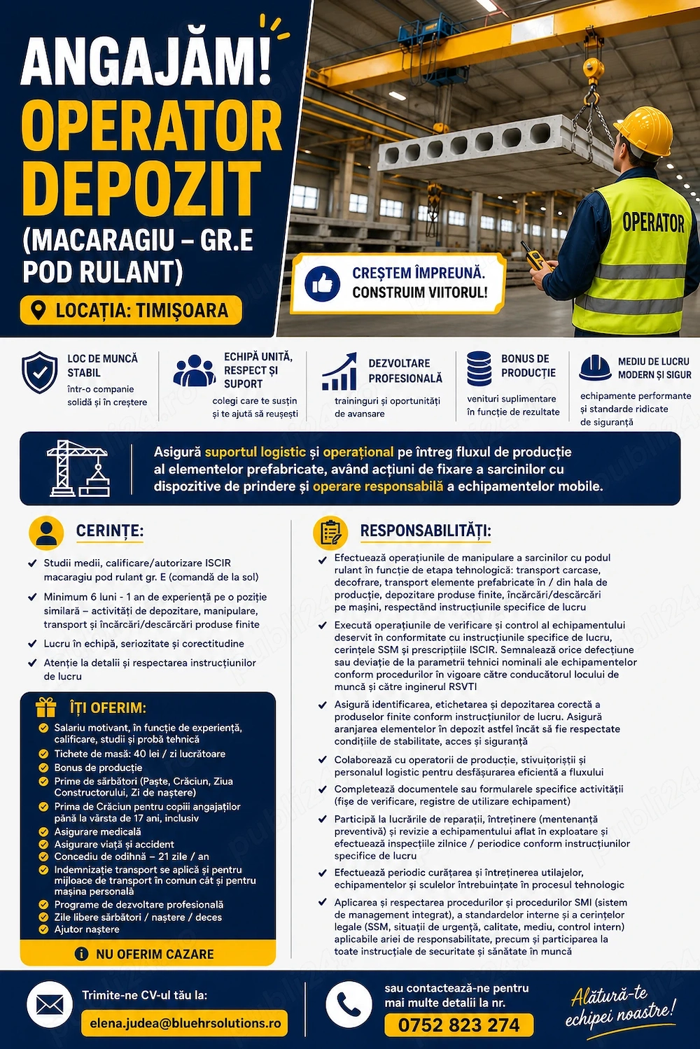 ANGAJAM Operator depozit  (macaragiu gr.E pod rulant)  - locatia Timisoara