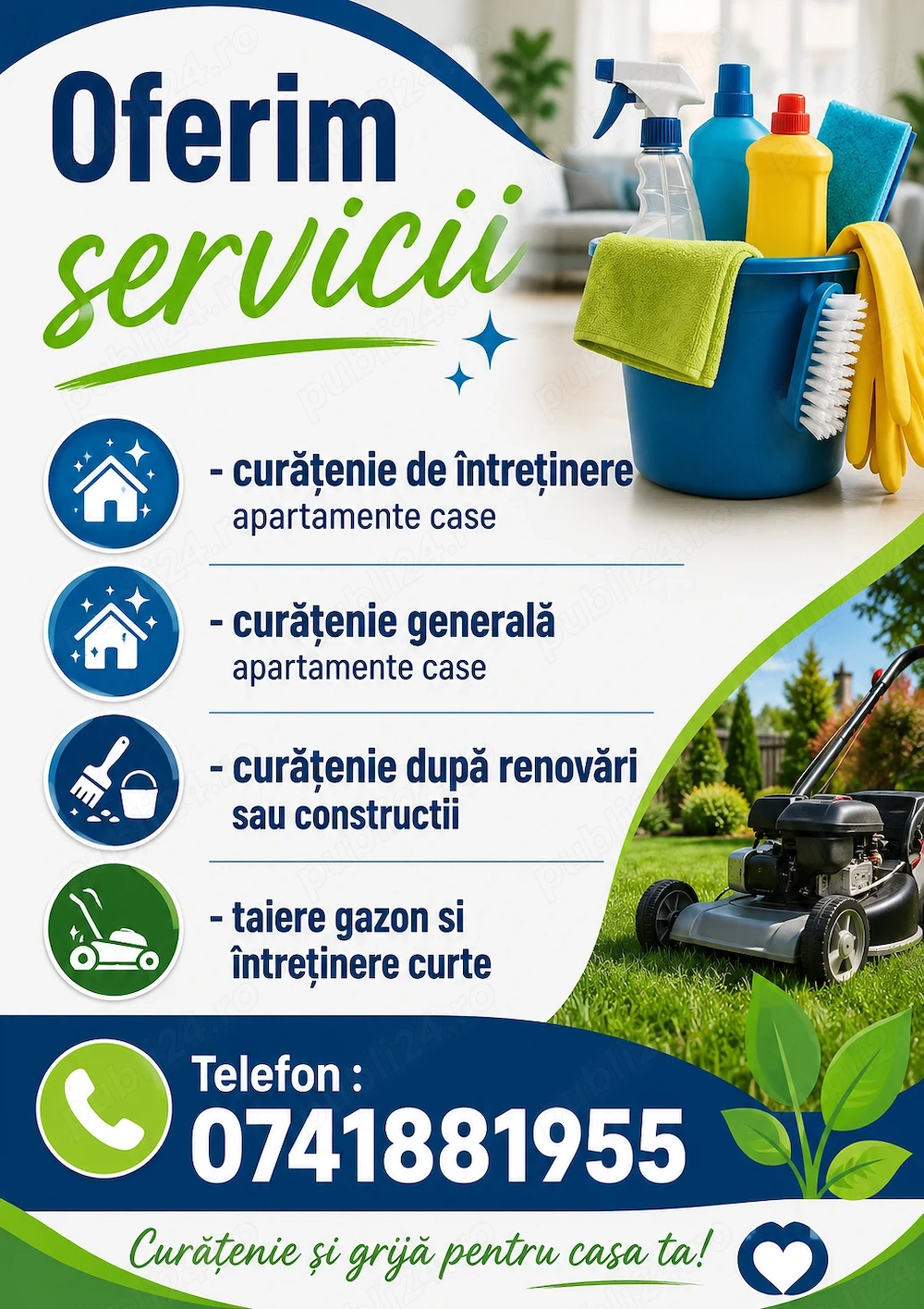 Oferim servicii de curățenie și intrtinere, locuințe, spatii comerciale, birouri. 