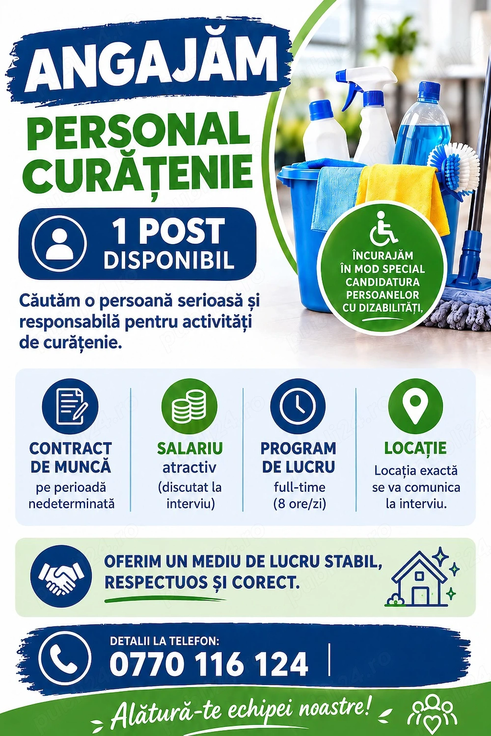 Angajăm personal curățenie - 1 POST