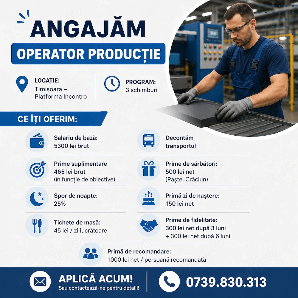  Angajăm Operator Producție   Timișoara - 3 schimburi