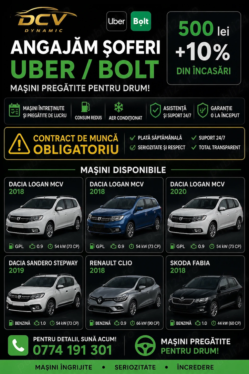 Șoferi Uber   Bolt   Mașini 2018+ | 500 lei + 10% | Garanție 0 lei La Început 