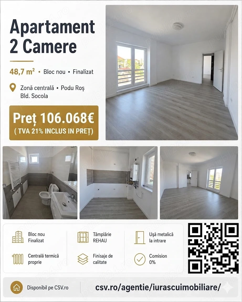 BLOC NOU apartament cu 2 camere 48.7m  de vanzare, FINALIZAT , ZONA CENTRALA Podu Ros- Bld.Socola