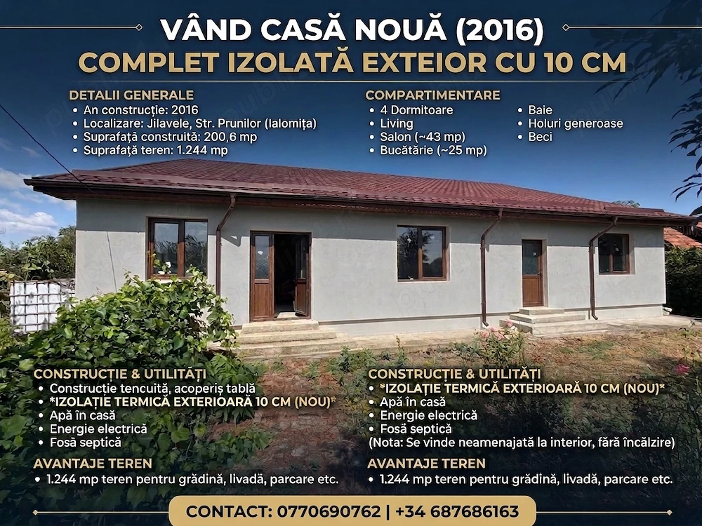 Casă nouă (2016)    200,6 mp construți + 1.244 mp teren   jilavele, str. prunilor