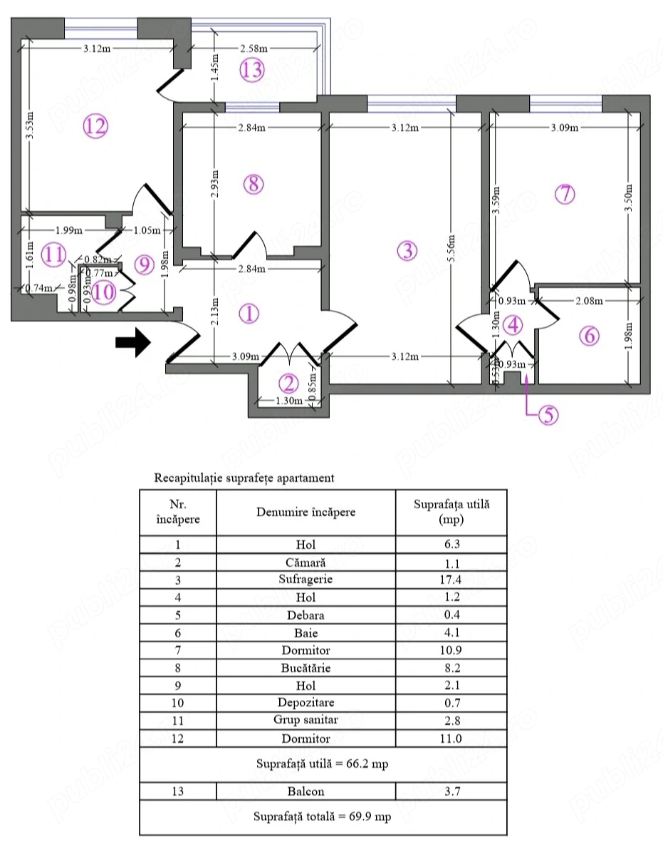 Proprietar vand partament 3 camere, 2 bai, 69 mp util, Etaj 1 8   Zona Mega Mall