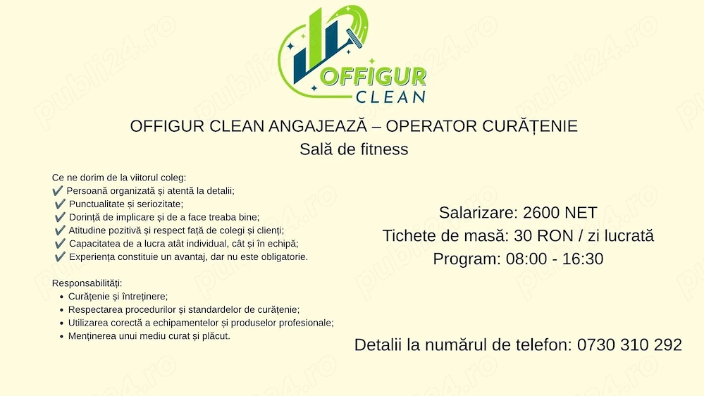 Cautam Operator Curatenie pentru o sala de fitness din Oradea