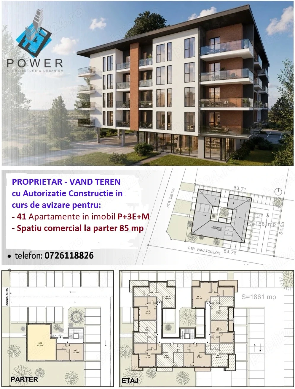 Proprietar - teren + proiect   41 apartamente + 85 mp spatiu comercial   P+3E+Er M   Giroc -Tmisoara