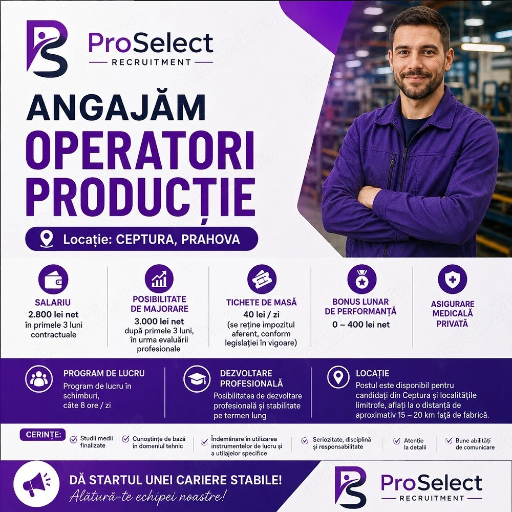 Angajam URGENT - Operatori productie fabrică din zona - Ceptura, Prahova