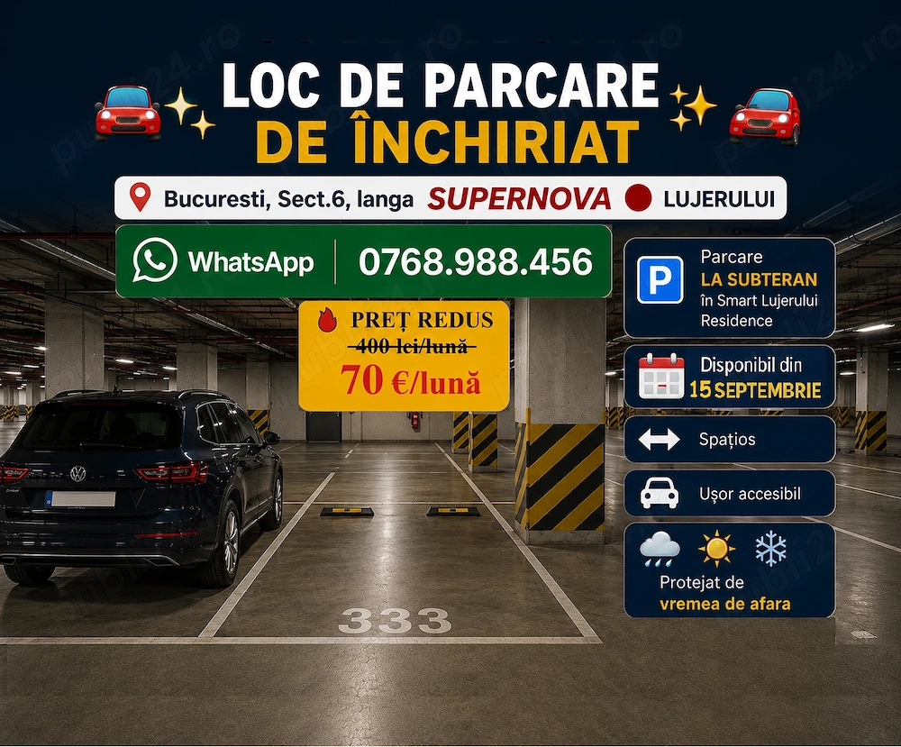 Loc parcare la SUBTERAN in Smart Residence Lujerului - MILITARI (Sect.6) - langa fostul CORA