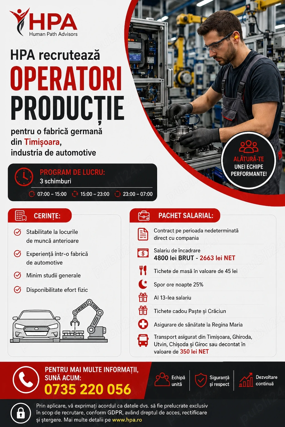 HPA recrutează operatori producție pentru o fabrică germană din Timișoara, industria de automotive.