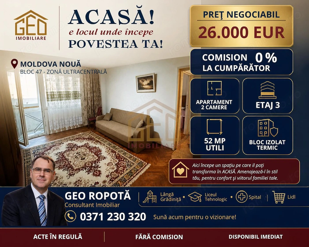 Apartament 2 camere in zona ultracentrala Moldova Noua
