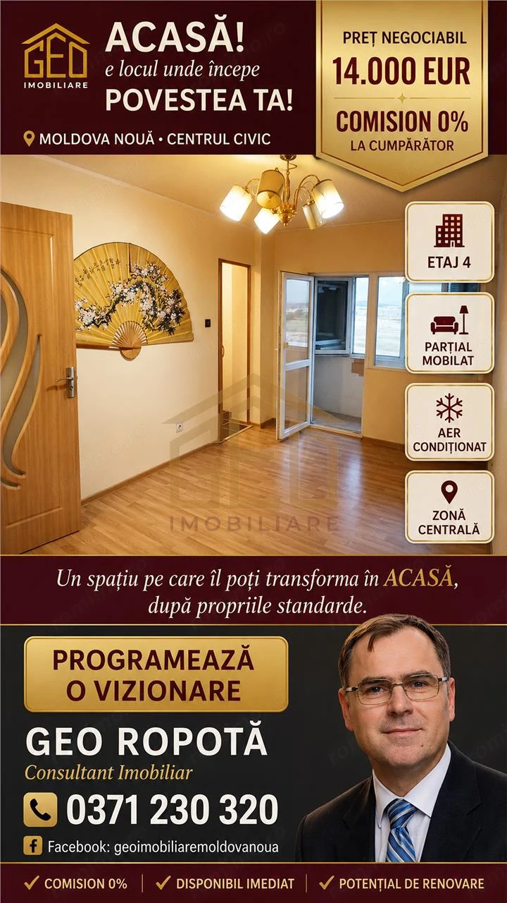 Garsoniera 1 camera in Centru Civic din Moldova Noua