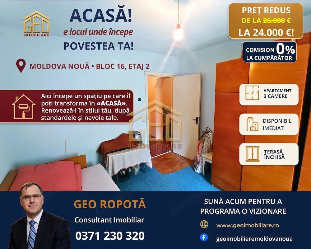 Apartament 3 camere etaj 2 in Moldova Noua