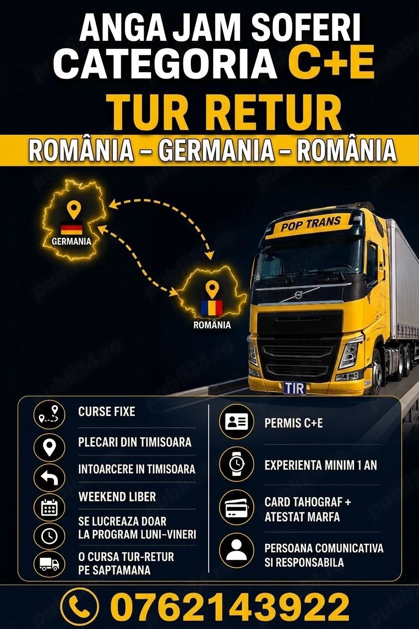 Angajam sofer profesionist C+E, TUR-RETUR,