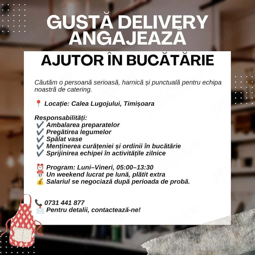 Gusta angajeaza ajutor in bucatarie zona Lugojului   Ghiroda 