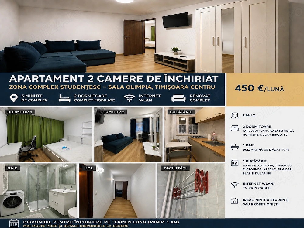 Apartament dcomandat cu 2 camere de închiriat - renovat complet - Zona Complex