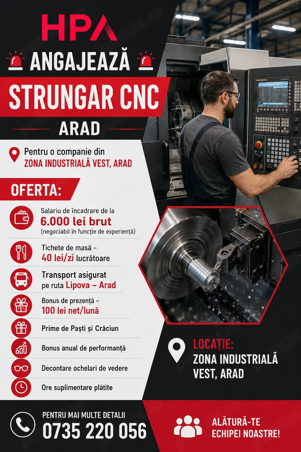 HPA recrutează operator CNC pentru o companie din Arad.
