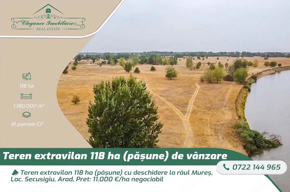 Teren extravilan 118 ha(pășune) cu deschidere la râul Mureș, Loc.Secusigiu, Arad