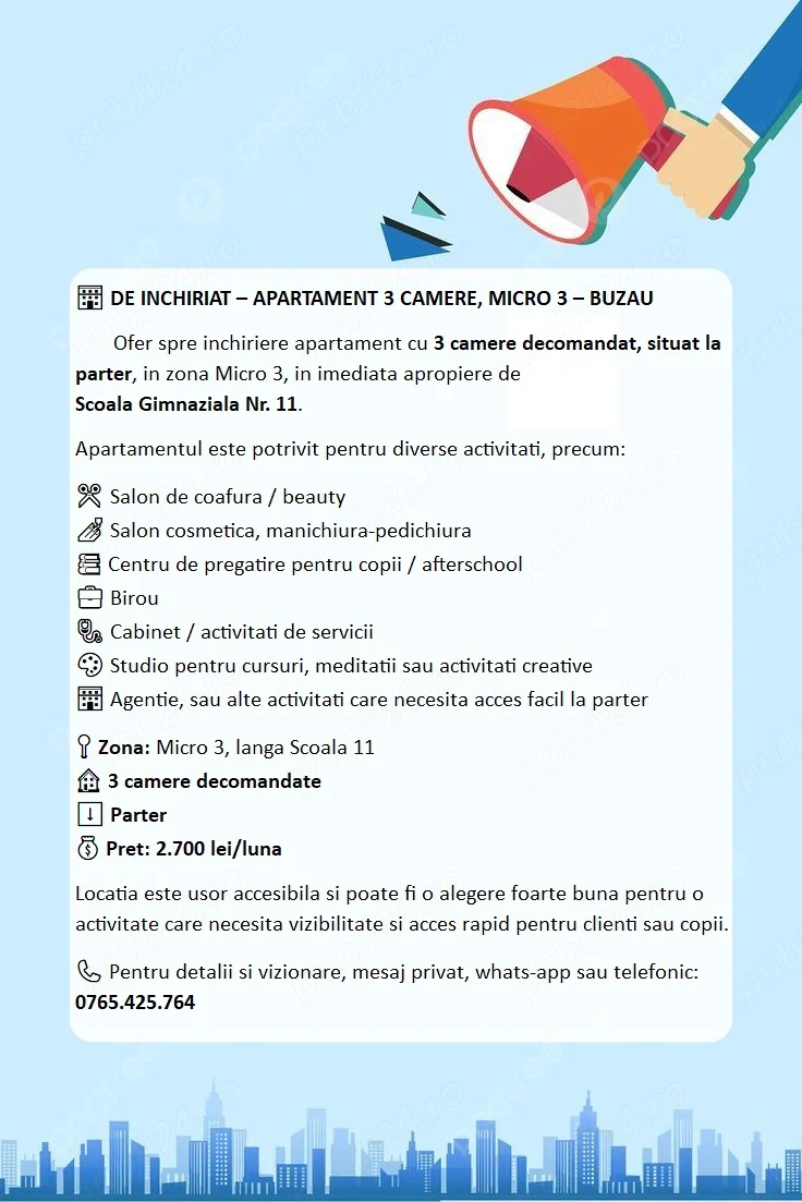De inchiriat - apartament 3 camere decomandat Micro 3 Buzau