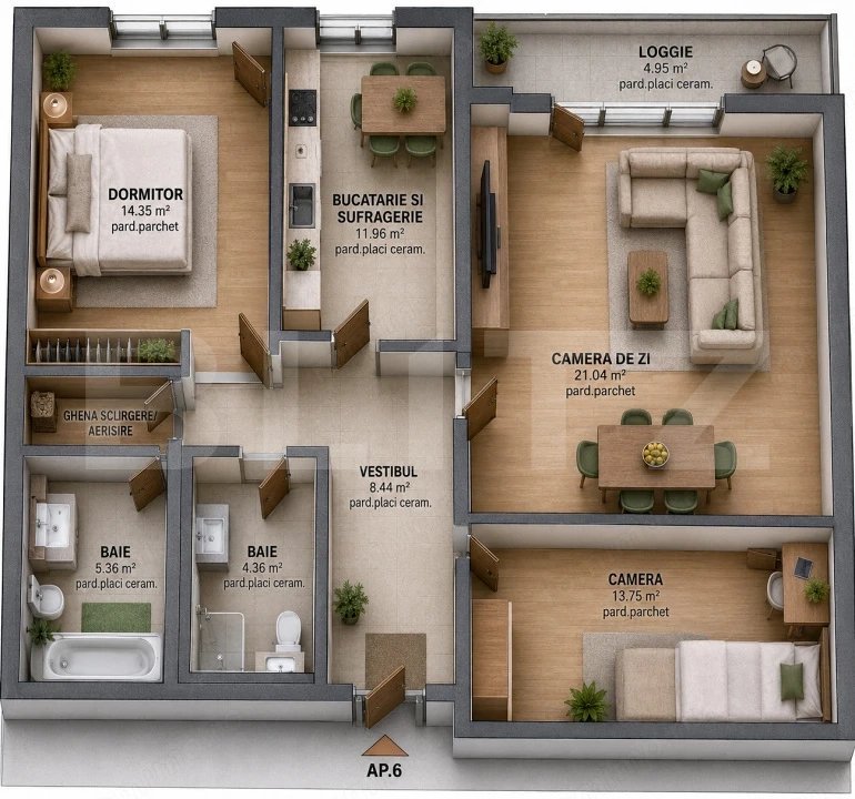 Apartament cu 3 camere, 76.89 mp, zona Tudor 