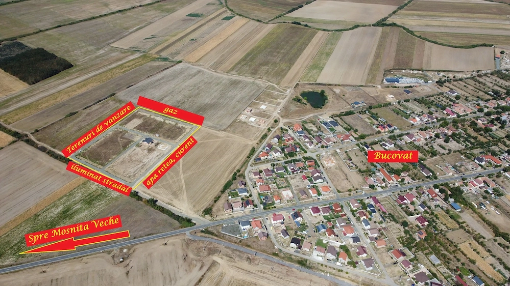 Terenuri intre Mosnita si Bucovat, cu gaz, apa, curent– 62 euro/mp+TVA