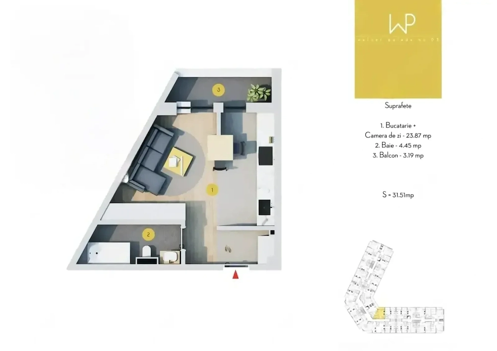 Proprietar Prima închiriere! Garsonieră nouă 28,5mp + Balcon 3,2mp + Parcare, Weiner Palada 2, Et 1