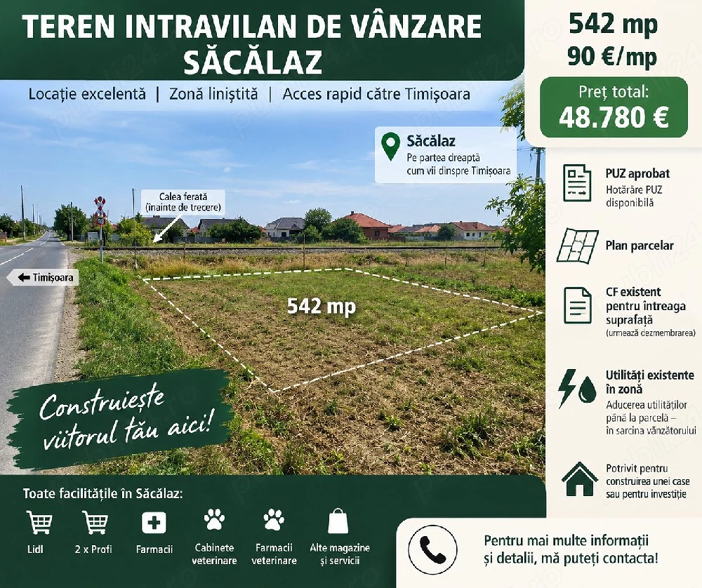 Teren intravilan de vânzare   Săcălaz | 542 mp | PUZ aprobat 