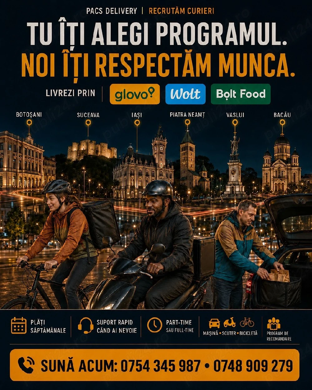 Angajam curieri Bolt,Wolt si Glovo 