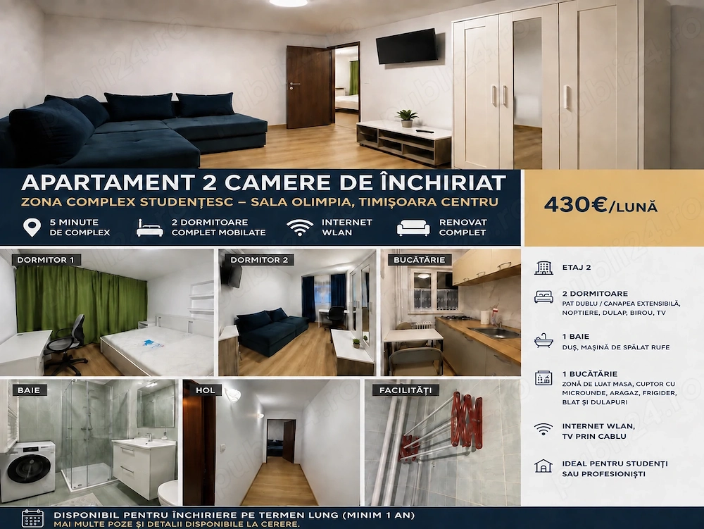 Apartament dcomandat cu 2 camere de închiriat - renovat complet - Zona Complex