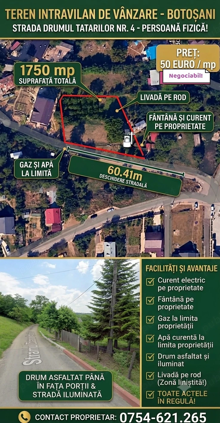 De vânzare : 1750mp intravilan, strada Drumul Tatarilor nr 4 Botoșani