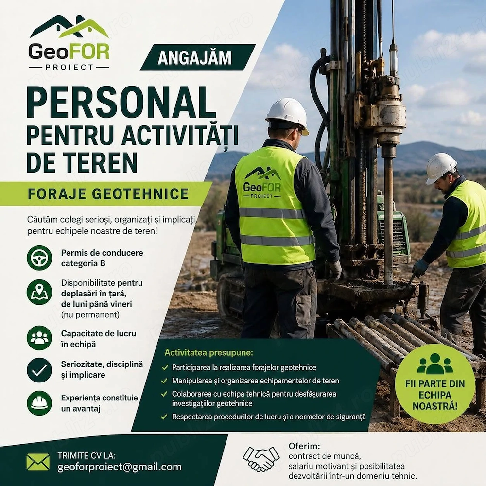 GeoFor Proiect angajează muncitor pentru activități de teren și foraje geotehnice