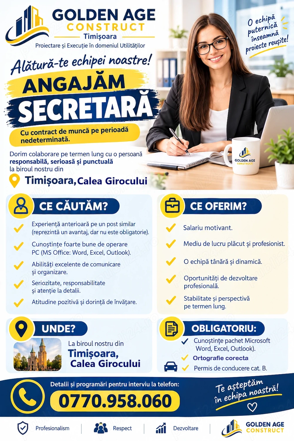 Angajam secretara birou prestari servicii utilitati