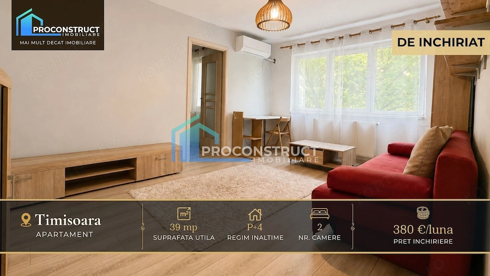Apartament semidecomandat de inchiriat – Zona Dacia | 39 mp | Etaj 2