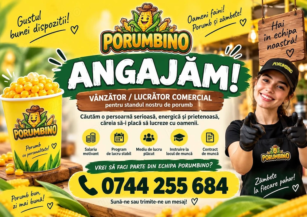  PORUMBINO ANGAJEAZĂ! - Salariu 3400 lei + Tichete de masa - Colloseum Mall