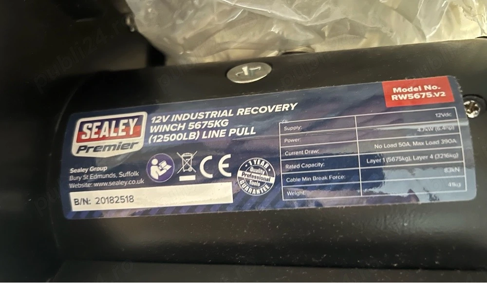 Troliu electric Sealey Premier 12V Industrial Recovery Winch 5675 kg 