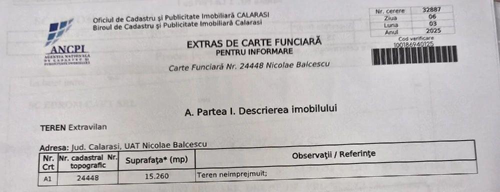 Se vinde teren agricol extravilan de 15260mp la pretul de 50000lei in Calarasi Sat Nicolae Balcescu