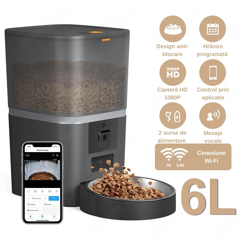 Hrănitor Automat Inteligent pentru Animale, recipient 6L, Wi-Fi 2.4G 5G, Cameră 1080p, Aplicatie Mob