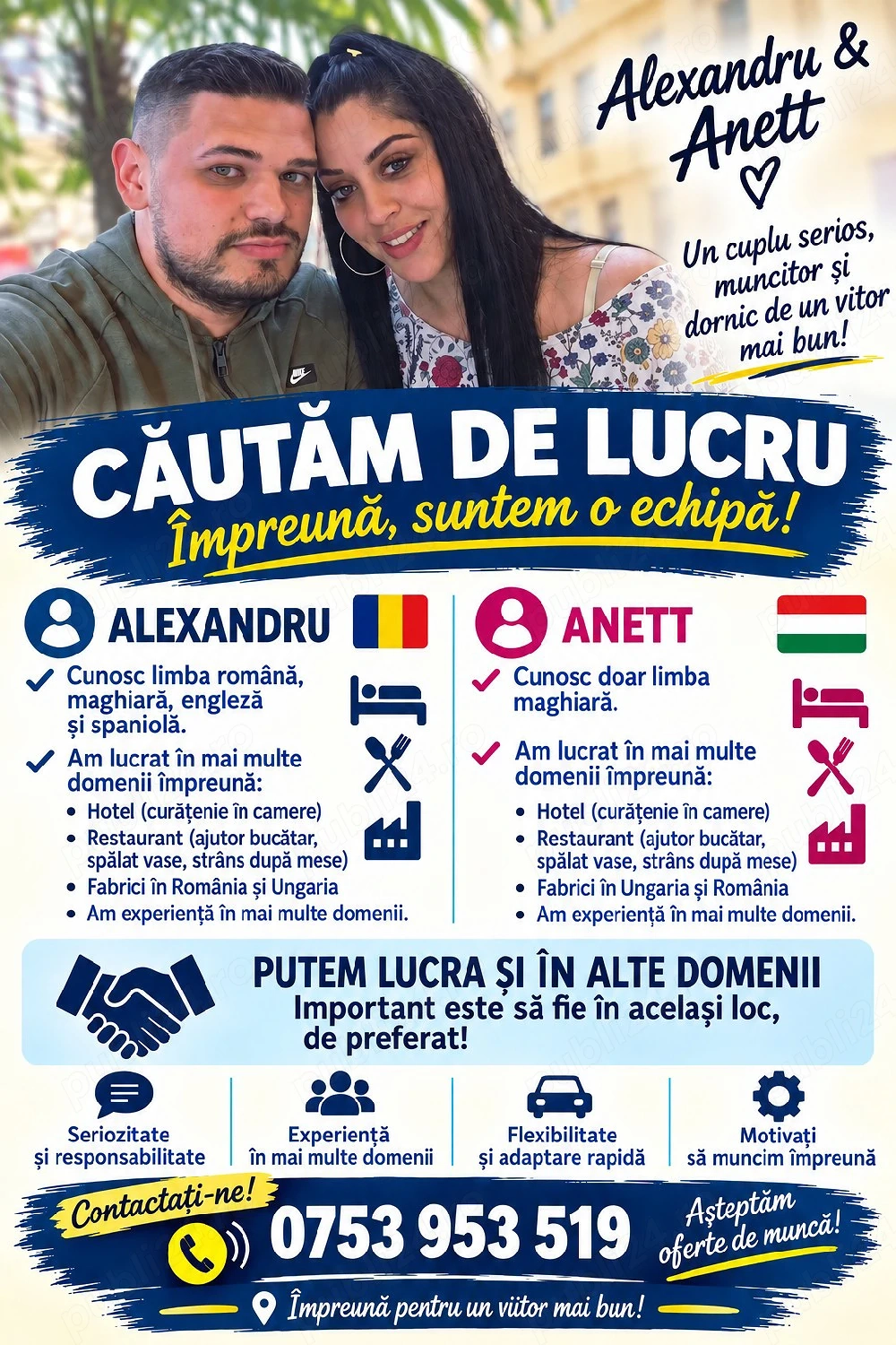 Bună , Noi suntem un Cuplu din România căutam de muncă în Străinătate La Fabrici sau Hotel, Restaura