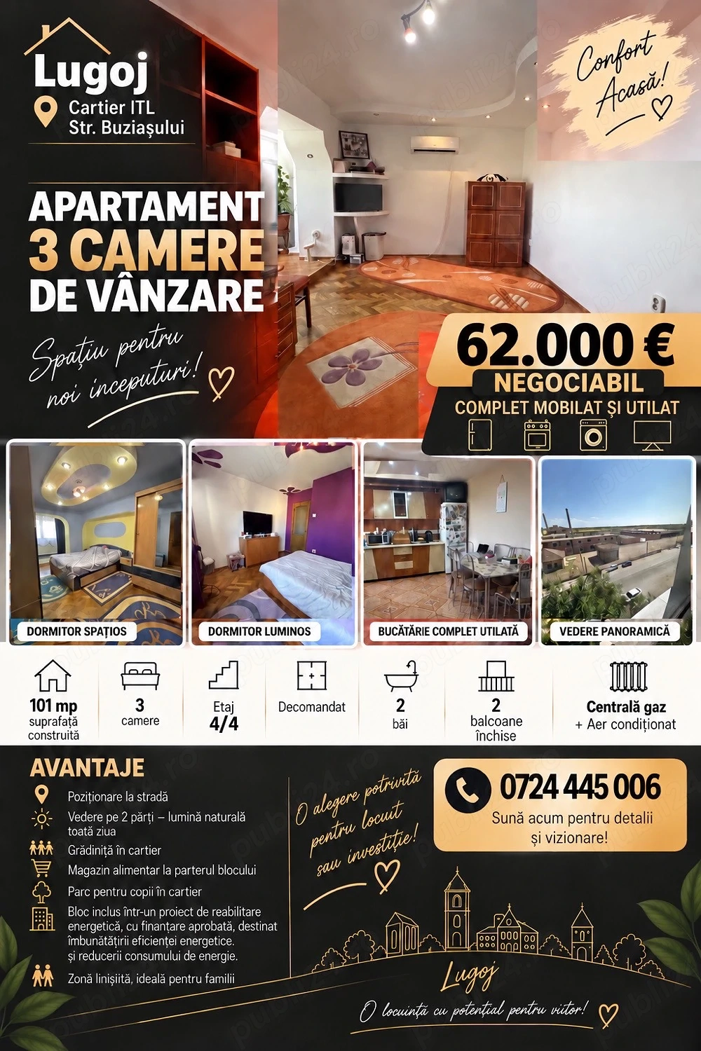 Apartament 3 camere decomandat | 101 mp construiți | Complet mobilat și utilat | Stada Buziașului 36