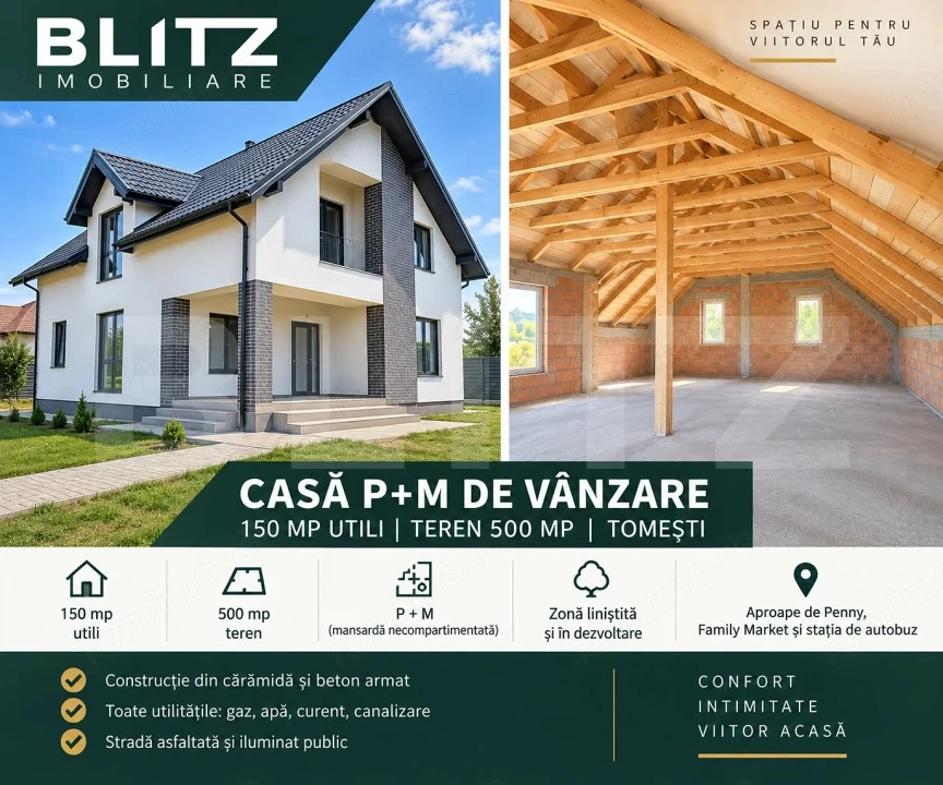 Casă P+M, 150 mp utili, teren 500 mp – zonă liniștită, Tomești