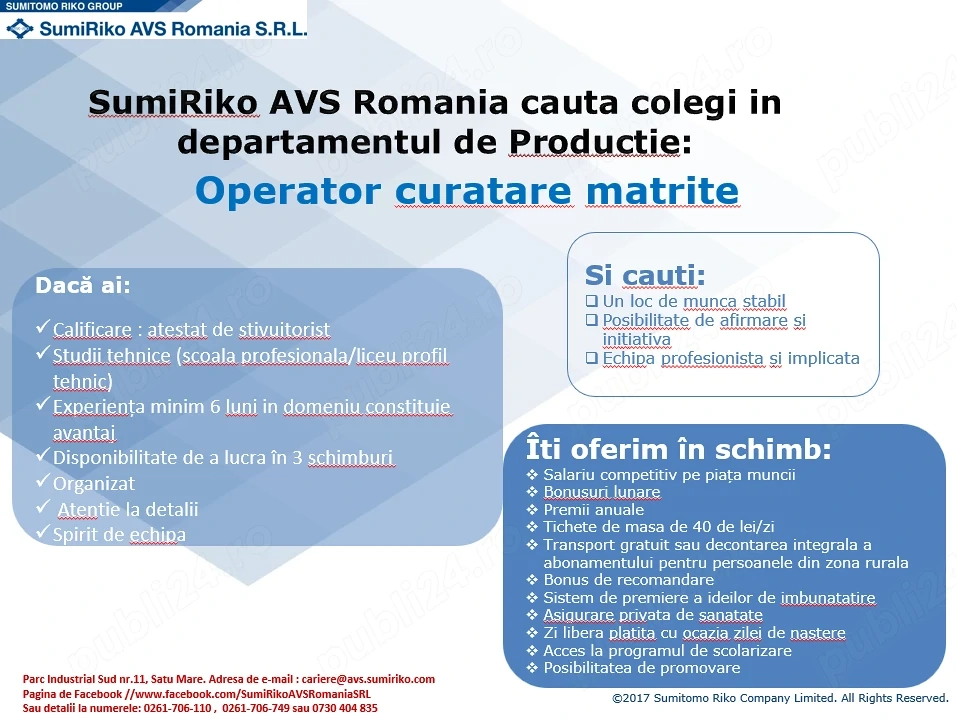 Angajam OPERATOR DE CURATARE MATRITE in departamentul productie