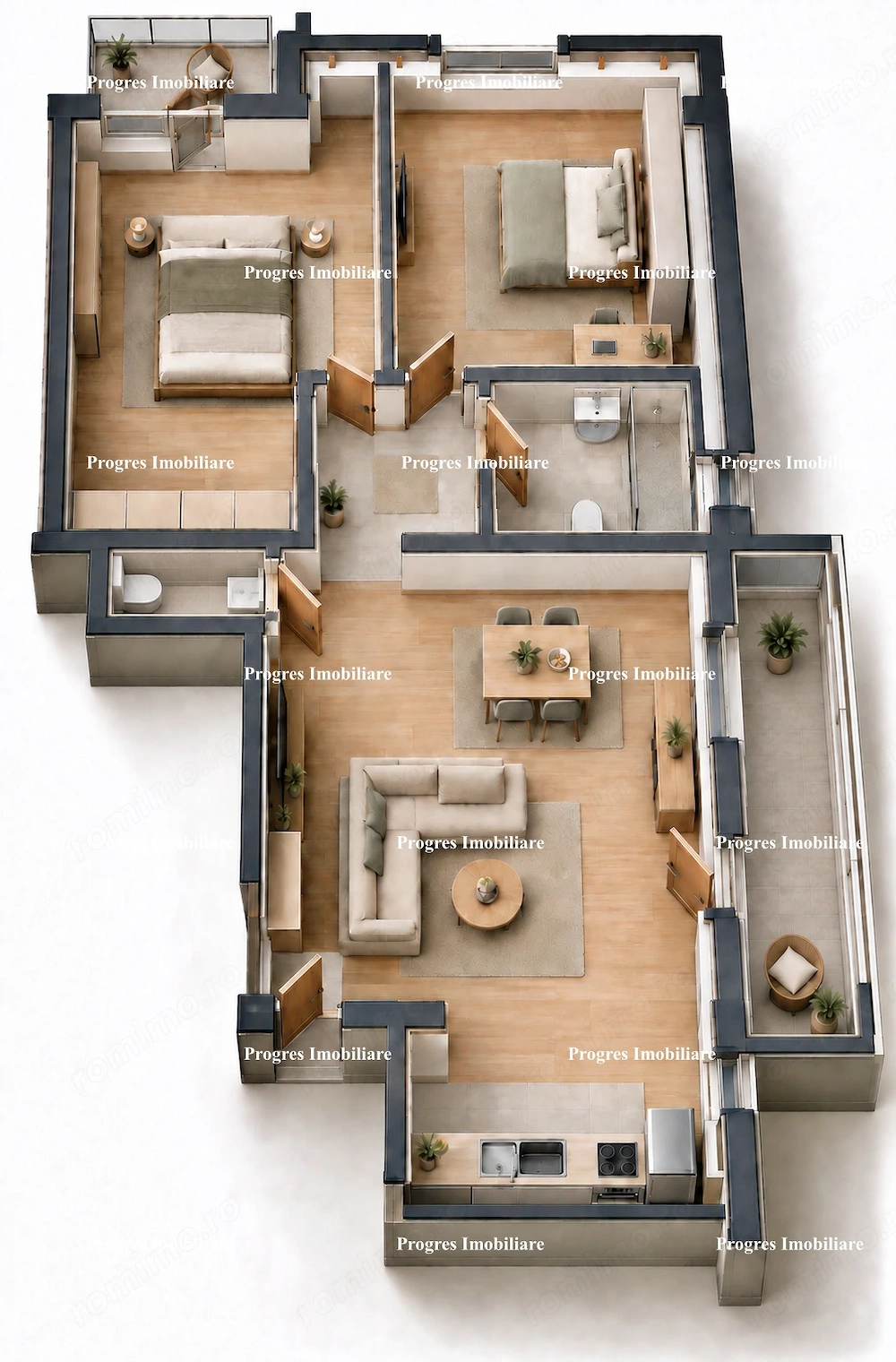 Ap.3 camere - 2 bai - 2 balcoane - 70mp - bloc nou - parcare inclusa 