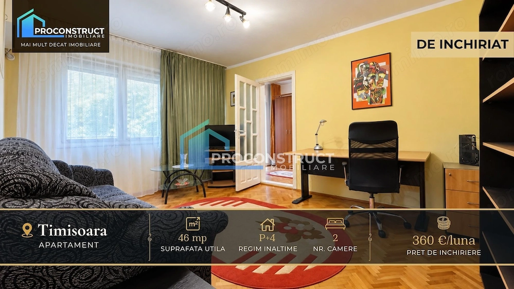 Apartament cu 2 camere de inchiriat in zona Unirii | Etaj 2 | 360 EUR