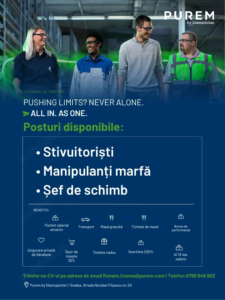 Posturi disponibile la Purem Oradea: Stivuitorist, Manipulant Marfa si Sef de Schimb in Productie 