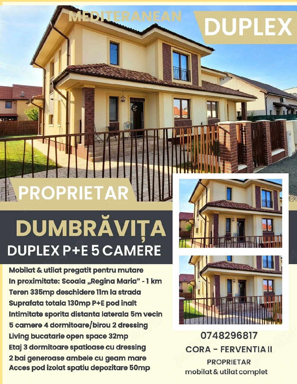 Duplex mobilat 5 camere 120 mp teren 335 mp Dumbravita Ferventia II (Zona Cora)