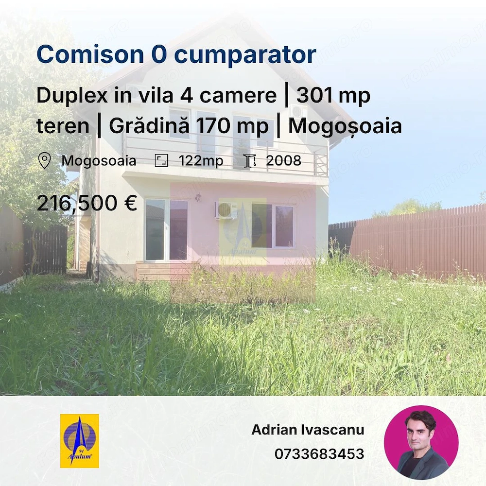 Duplex in vila 4 camere | 301 mp teren | Grădină 170 mp | Mogoșoaia
