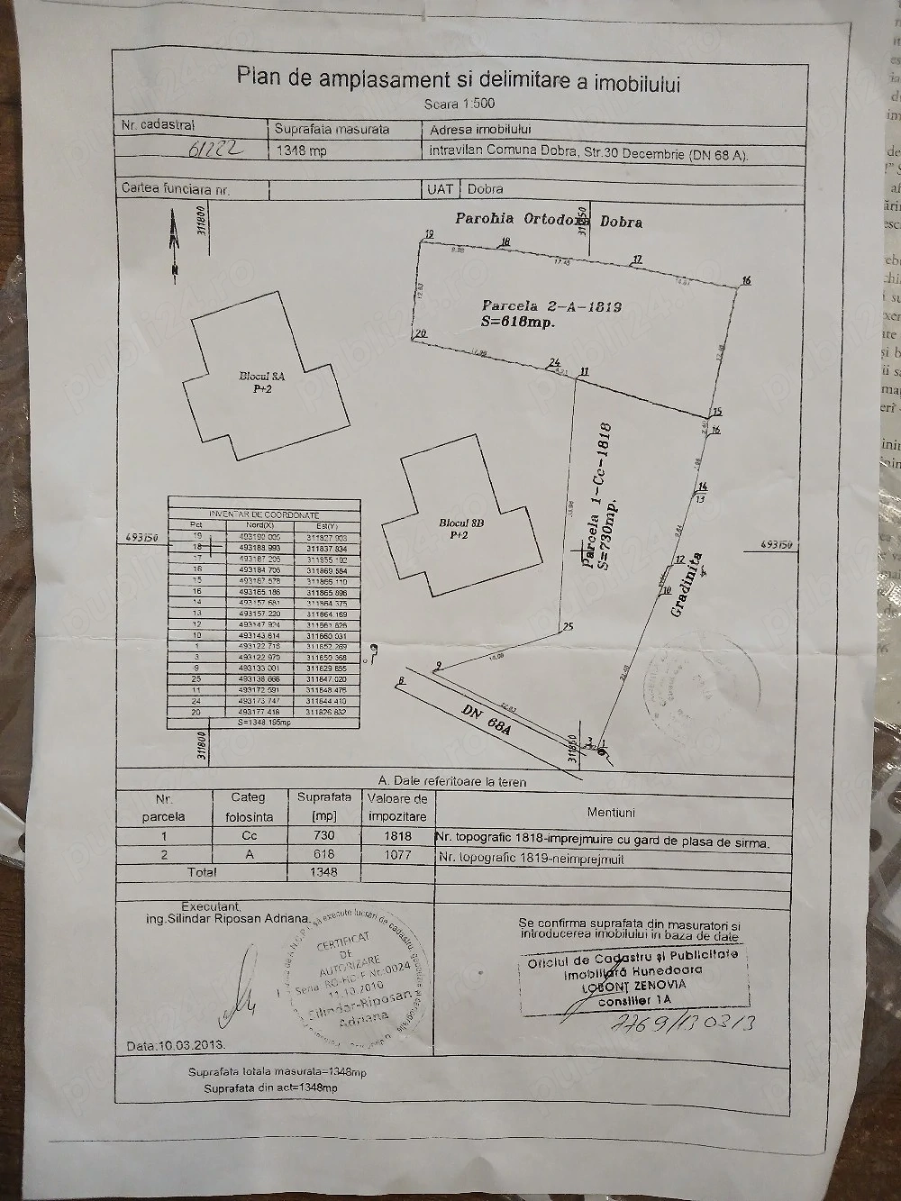Vand teren intravilan1348 mp,ultracentral,deschidere la DN 68 A,com.Dobra,jud.Hunedoara