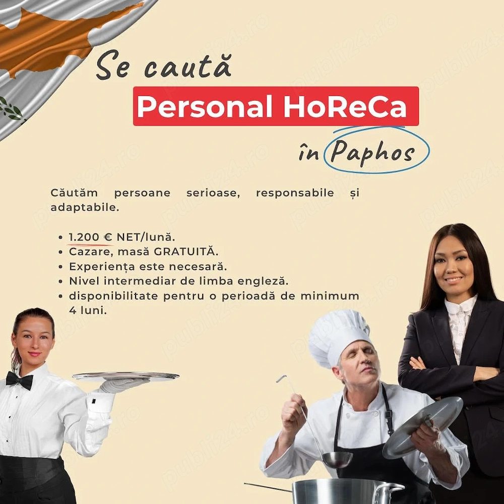 Ospătari, Ajutor de Ospătari, Hostess, Bucătar Senior, Servicii Oaspeți în CIPRU