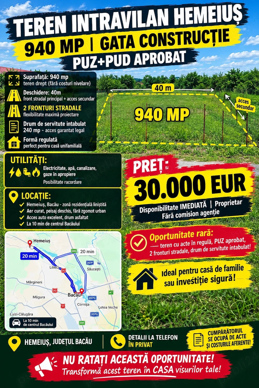 Teren 940mp Hemeiuș | PUZ+PUD Aprobat | 2 Fronturi |